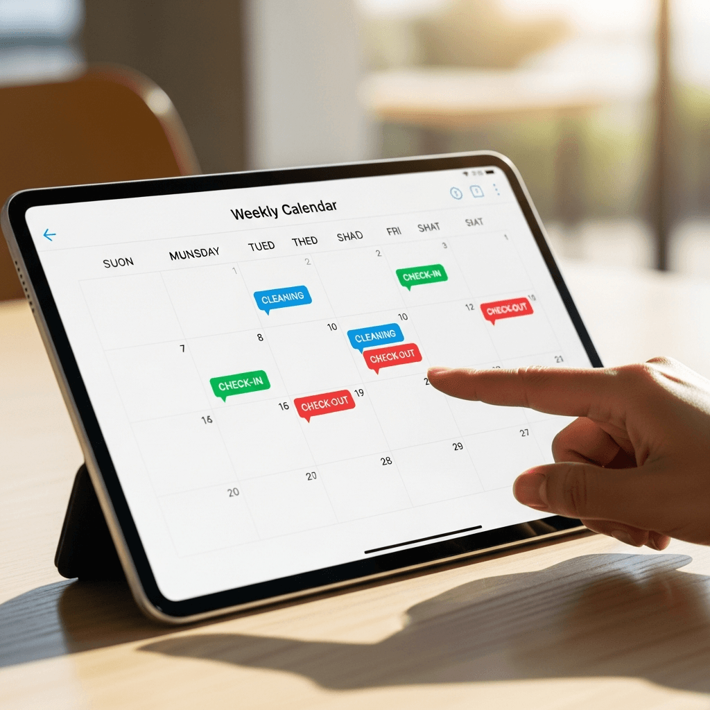 Calendario semanal con propiedades y tareas marcadas por colores