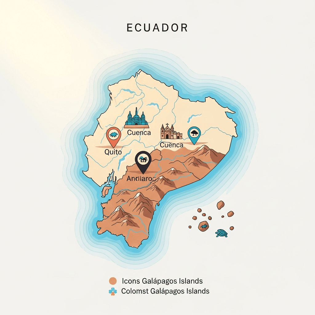 Mapa estilizado de Ecuador con foco en Quito, Cuenca y Galápagos