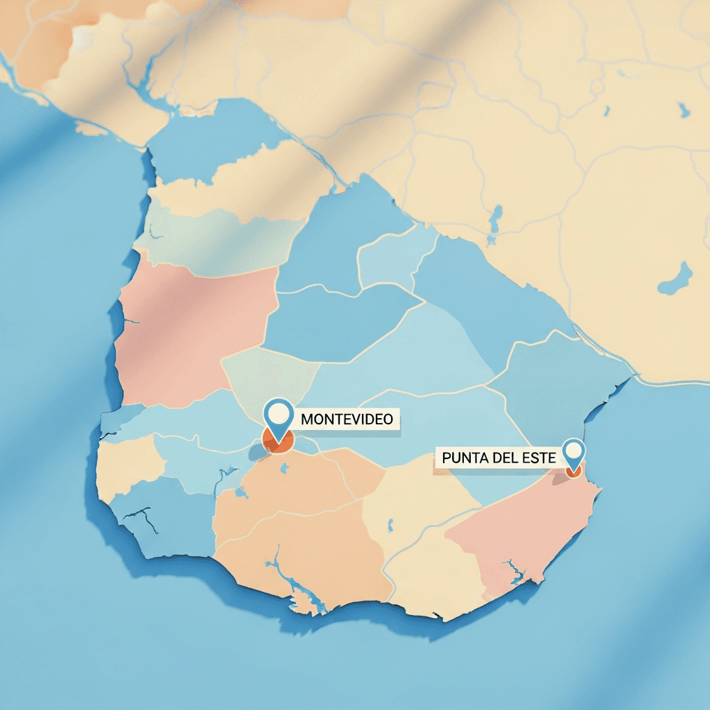 Mapa de Uruguay con foco en Montevideo y Punta del Este